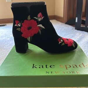 Kate Spade Suede Booties with embroidered Poppies